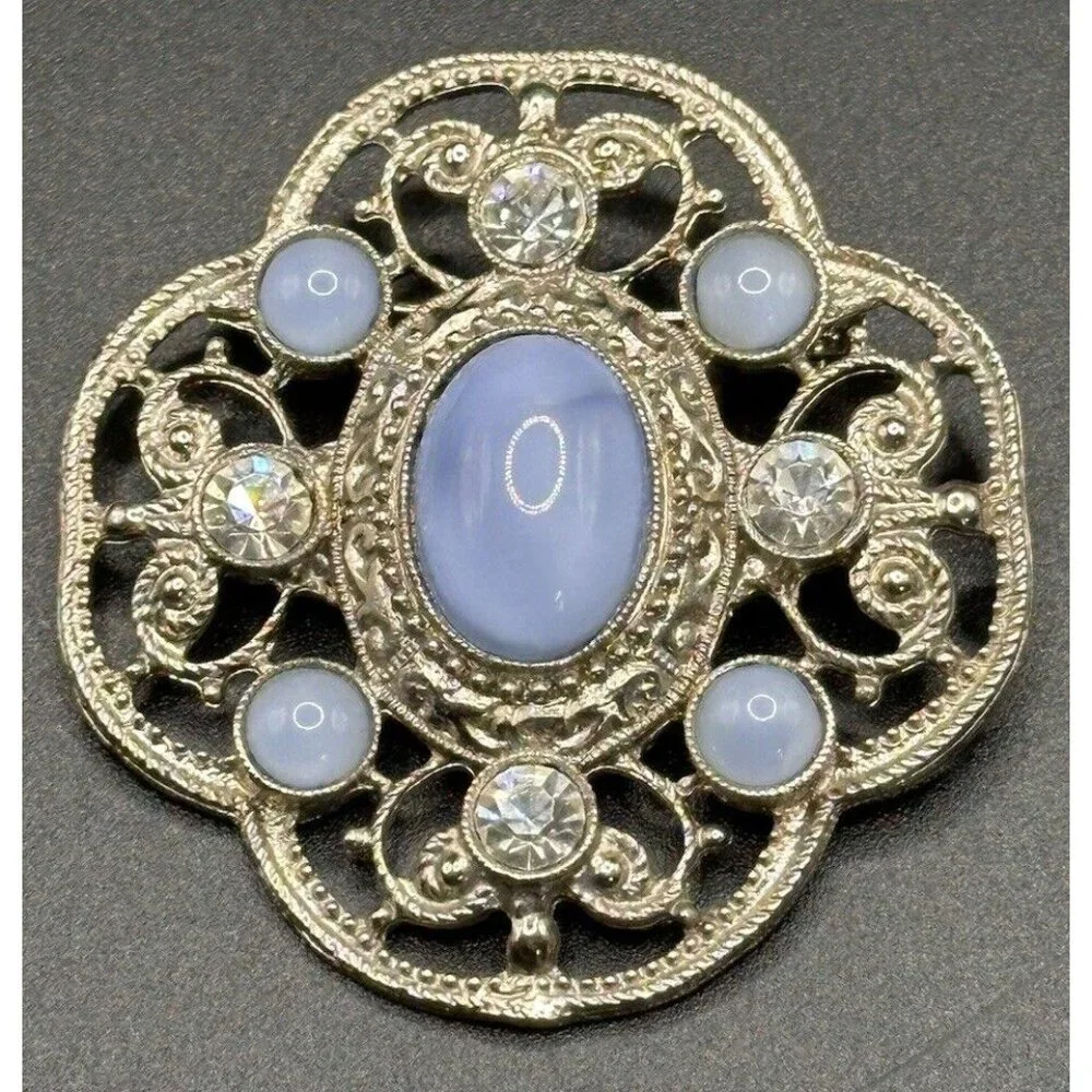 Moonstone Blue Glass & Rhinestone Silver Tone Filigree Pin Brooch‎